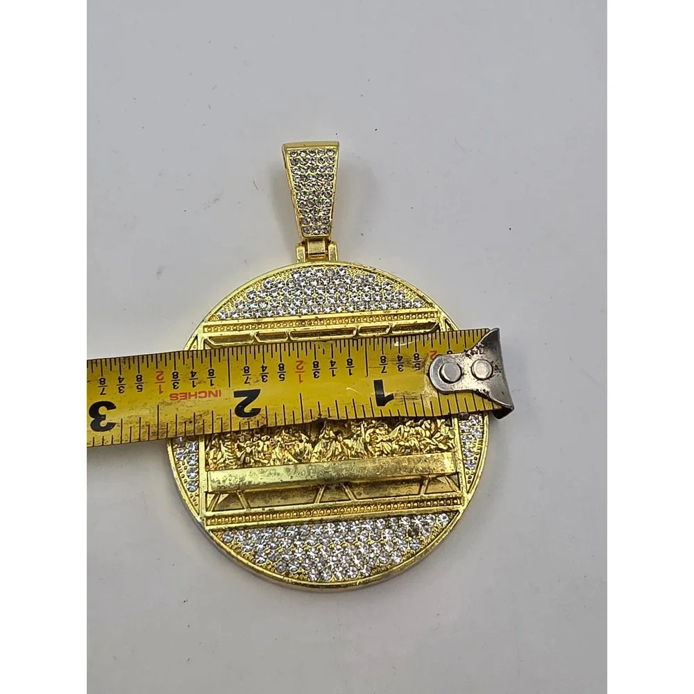 Gold Tone Last Supper Medallion Pendant Iced Out Rhinestone Hip Hop Religious